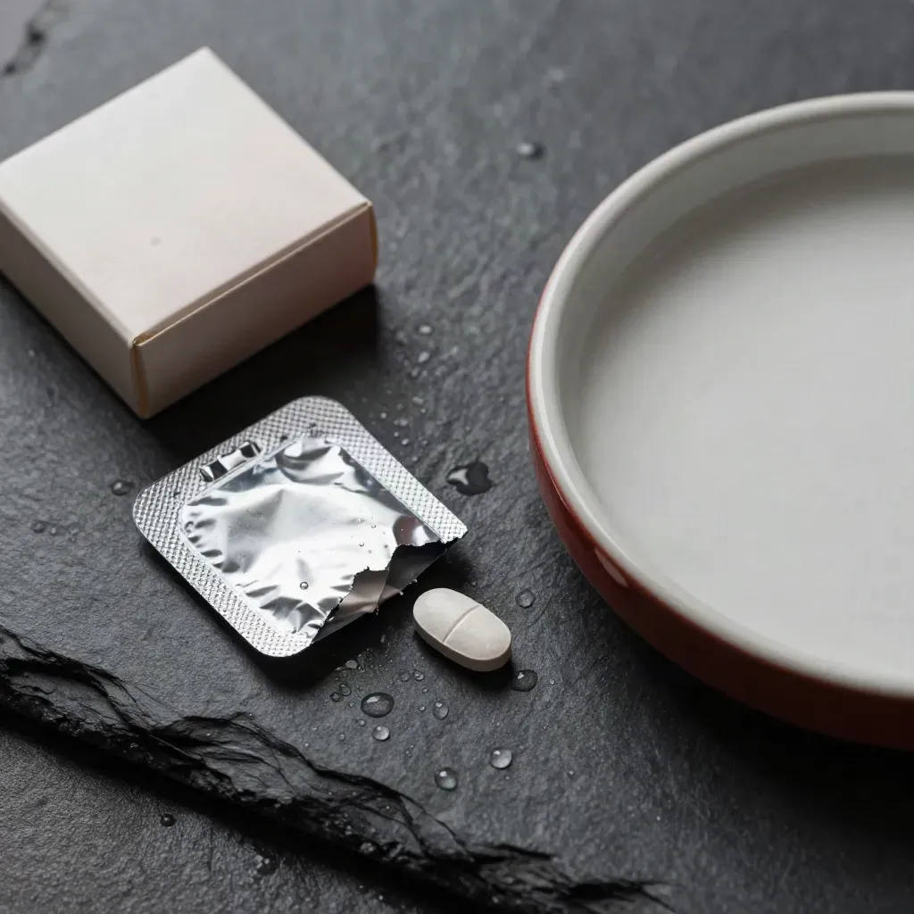 Blister di medicine, scatola neutra e piattino ceramico su ardesia bagnata