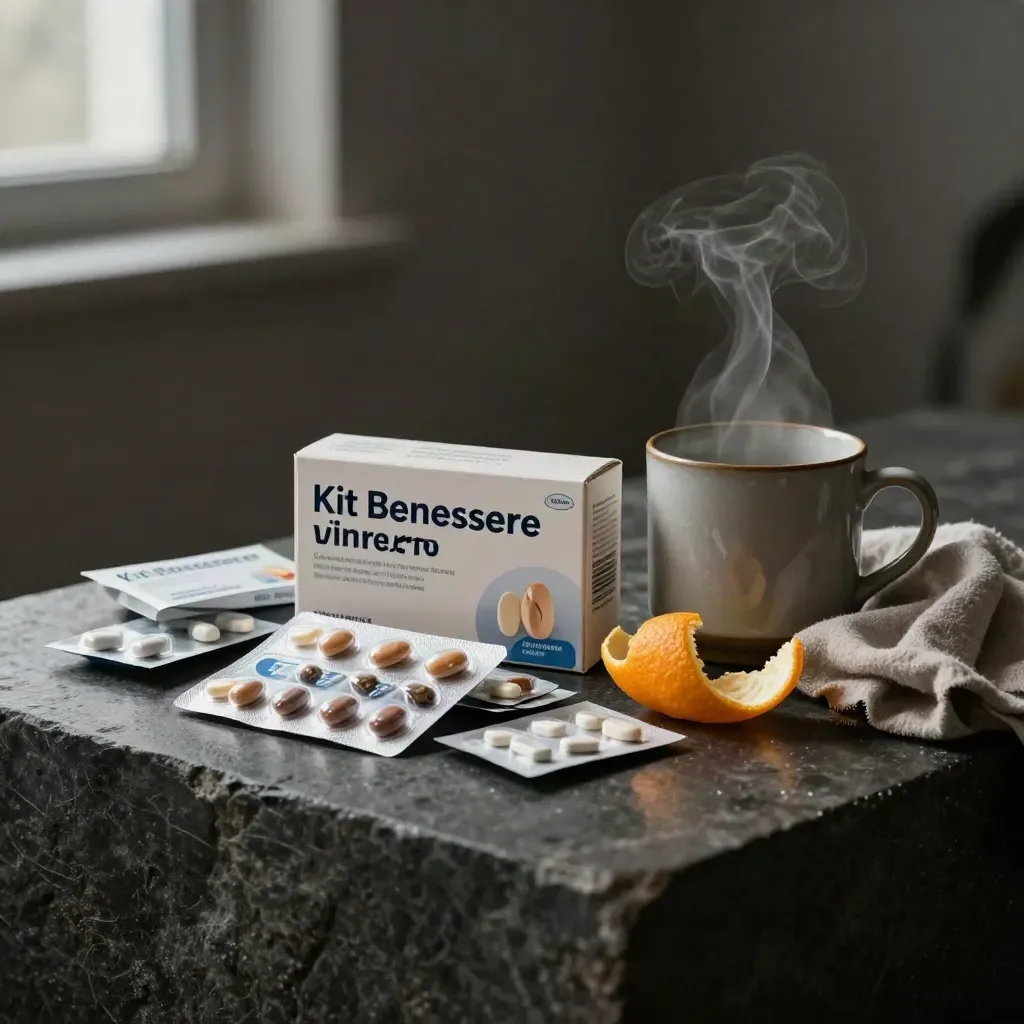 Kit benessere invernale con bustine, tazza fumante, scorza d’arancia e tessuto di lana.