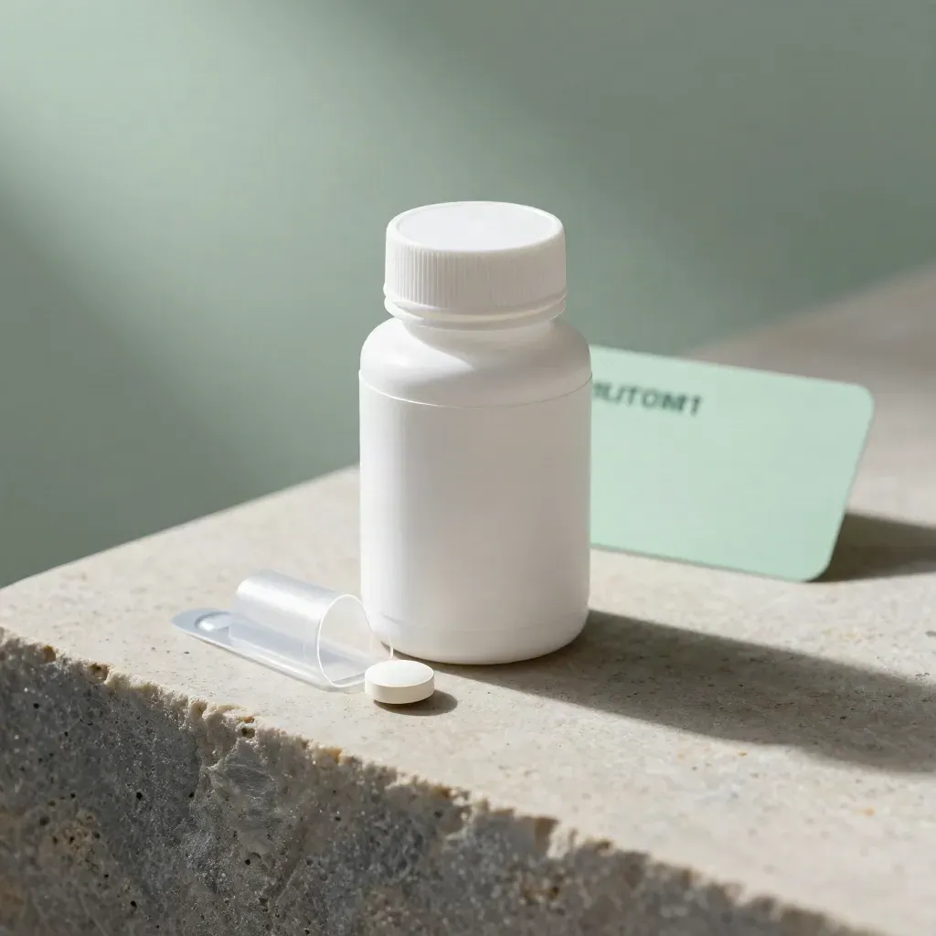 Integratore adulto con flacone, blister aperto e una compressa su pietra chiara.