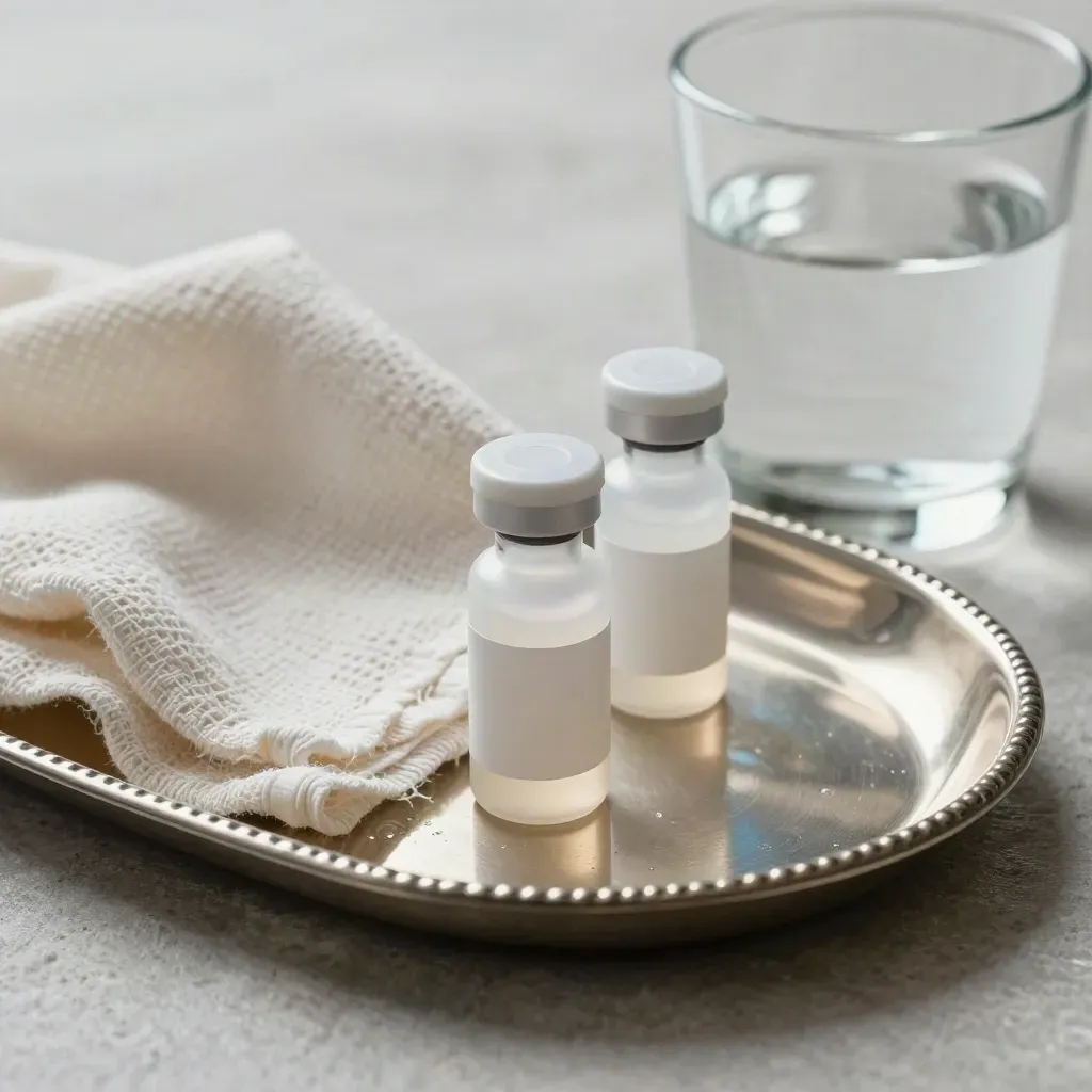 Flaconcini probiotici con garza piegata e bicchiere d’acqua su vassoio metallico.