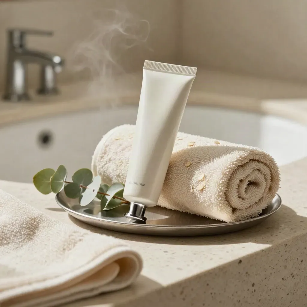 Tubetto di gel unbranded con asciugamano arrotolato ed eucalipto su mensola spa.