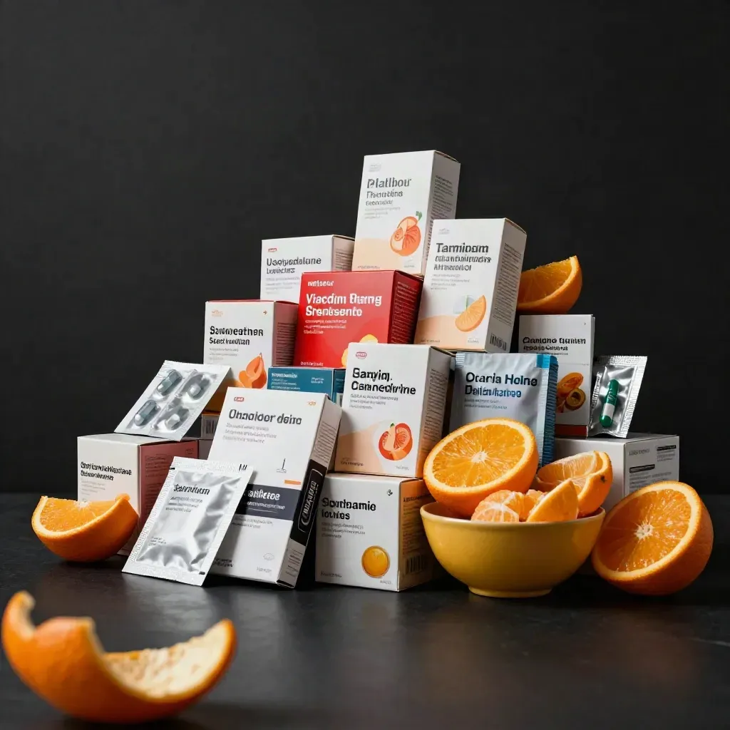 Pacco benessere con vitamine, gola e agrumi su fondo scuro, luce drammatica