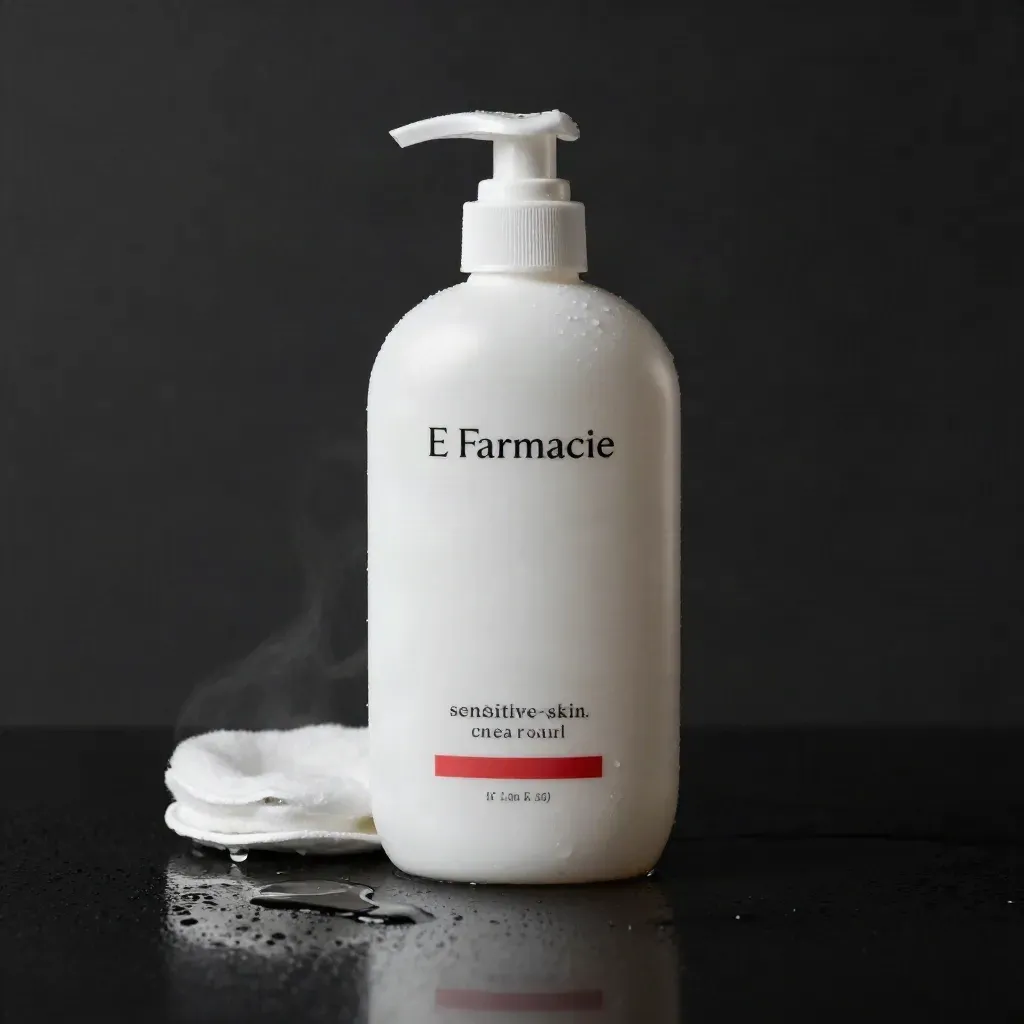 Bottiglia saponetta farmaceutica bianca con piattino ceramico bagnato, pad di cotone e vapore su sfondo scuro.