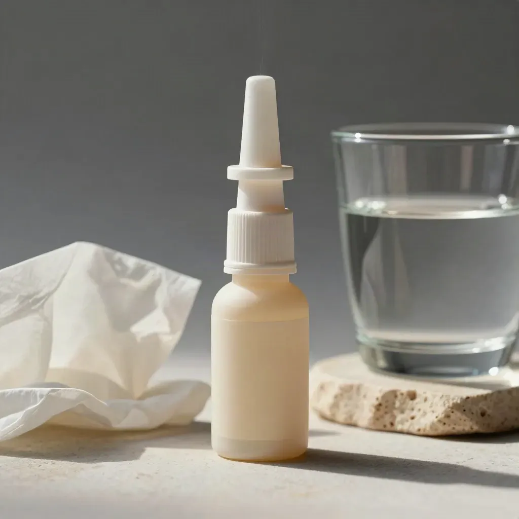 Spray nasale bianco con nebulizzazione, fazzoletto e bicchiere su plinto in pietra chiara.