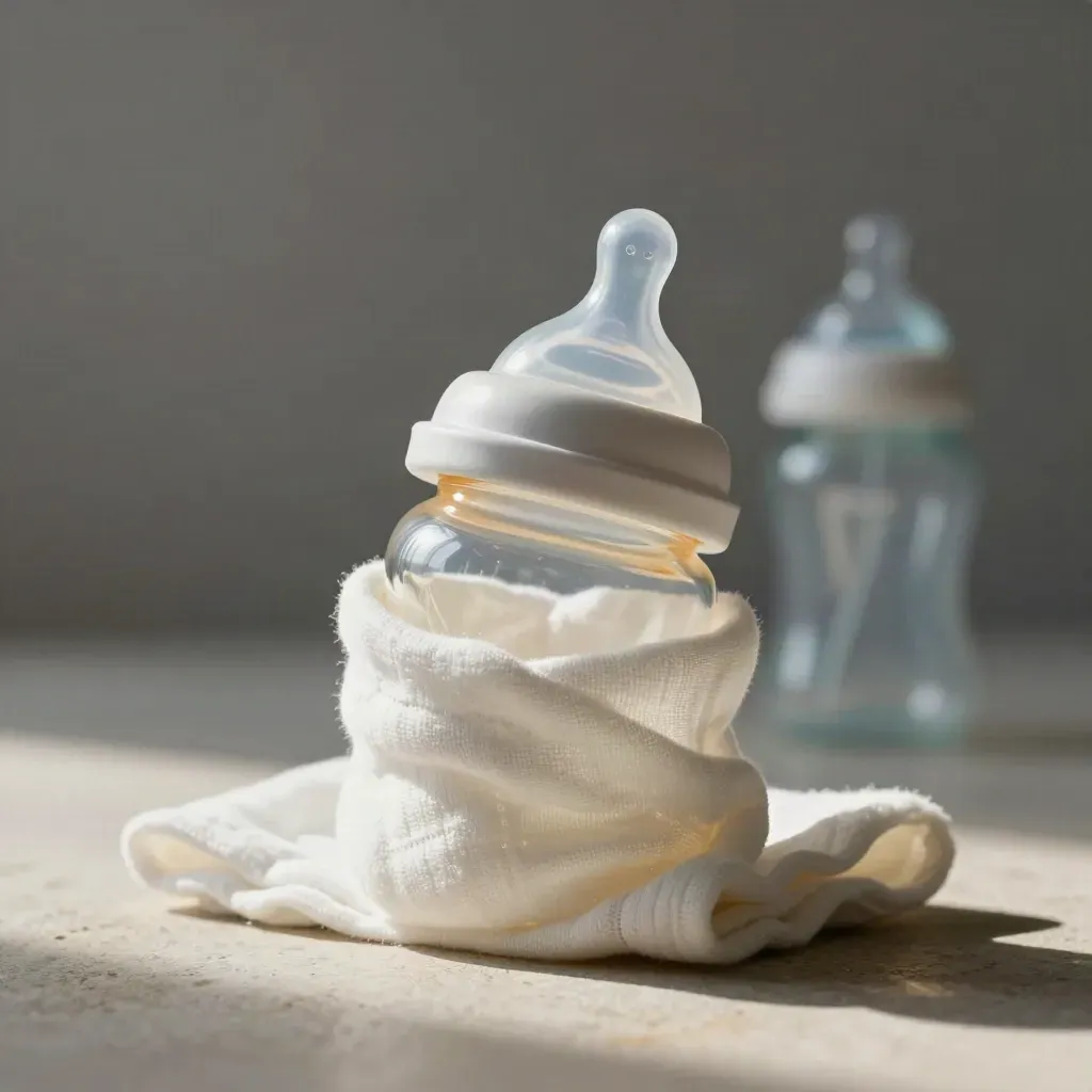 Biberon trasparente con tettarella, cappuccio sterilizzante e mussola piegata su fondo scuro.