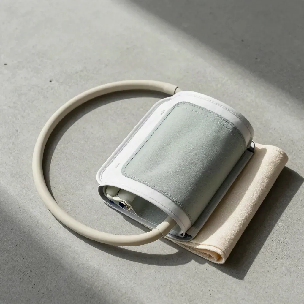 Bracciale per misuratore di pressione con tubo e panno piegato su cemento grigio.