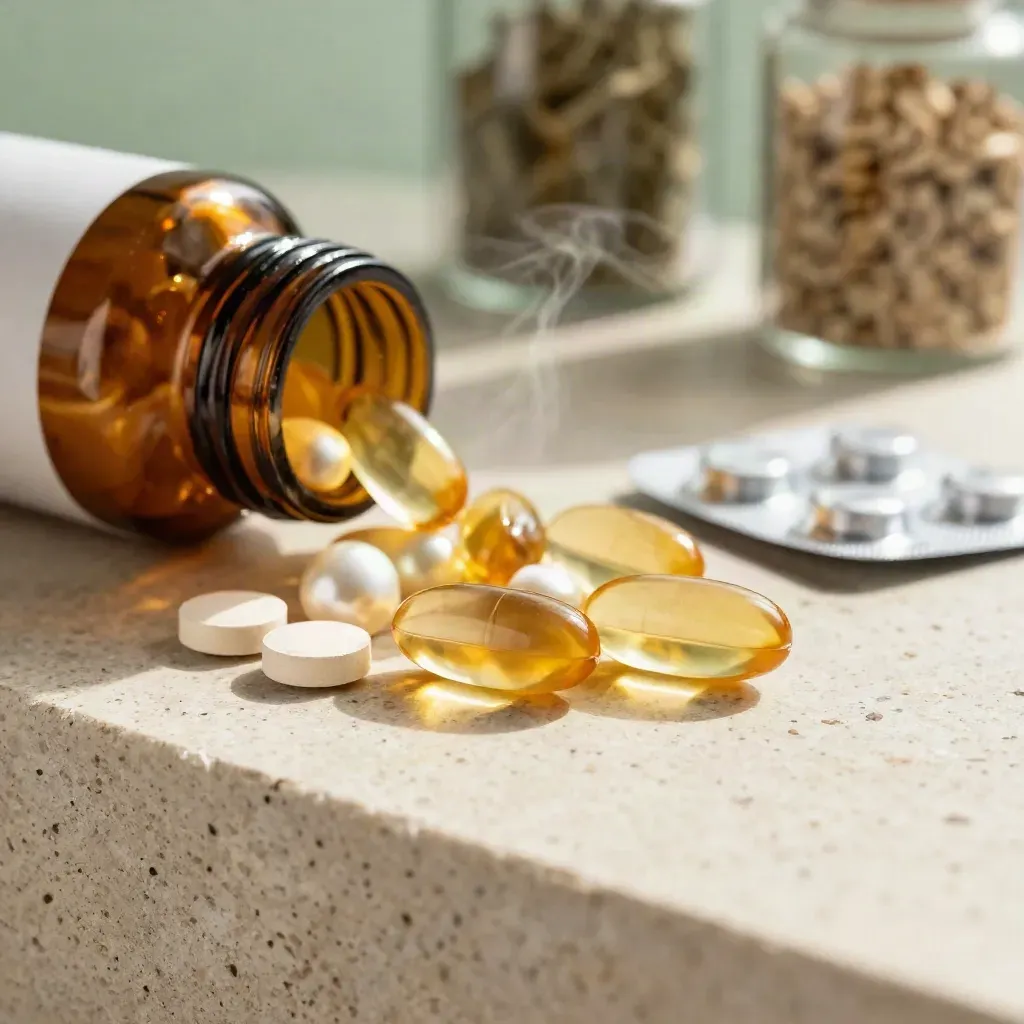 Capsule e flaconi di vitamine su travertino illuminato dal sole, sfondo morbido.