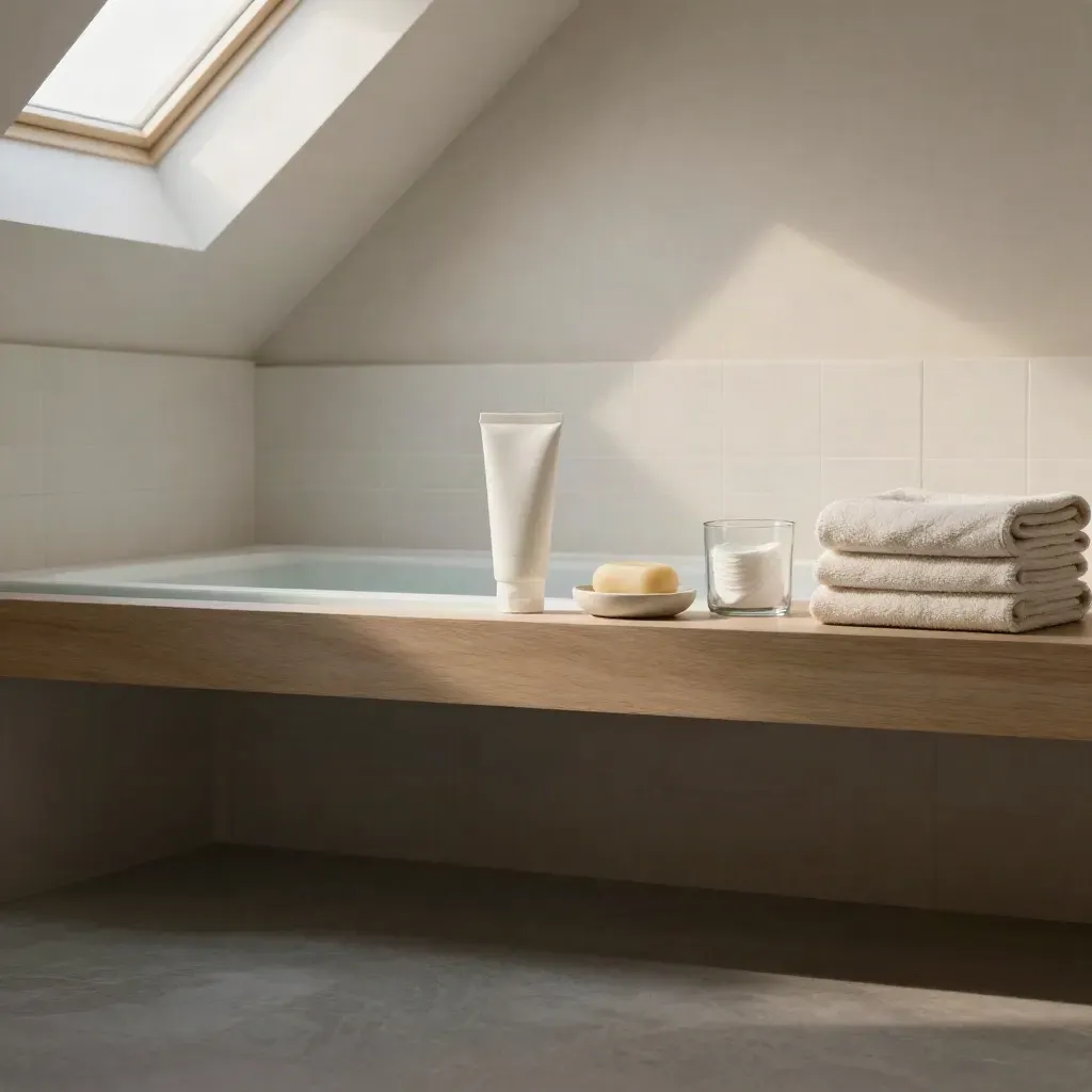 Bagno luminoso con prodotti viso e corpo su mensola in legno e asciugamani piegati.