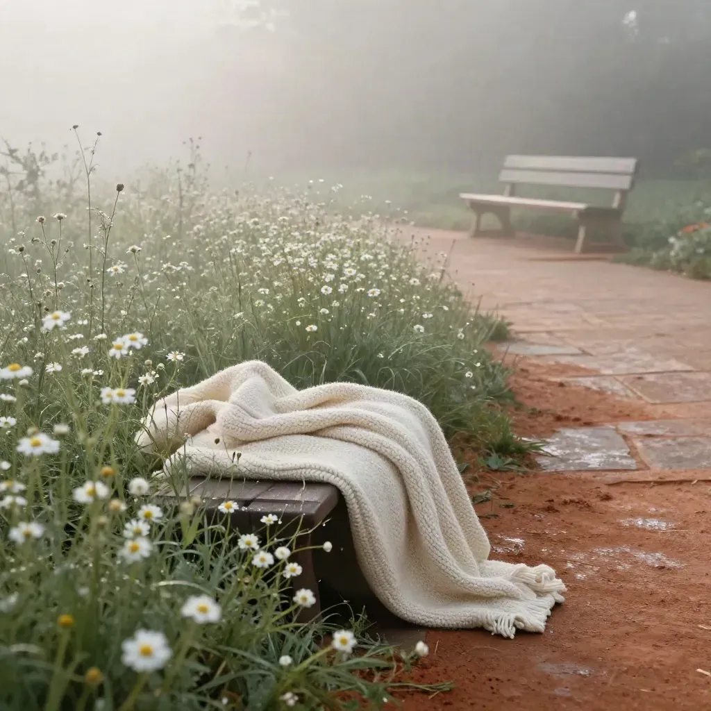 Margine di giardino nebbioso con camomilla, coperta di maglia e panchina chiara all’alba