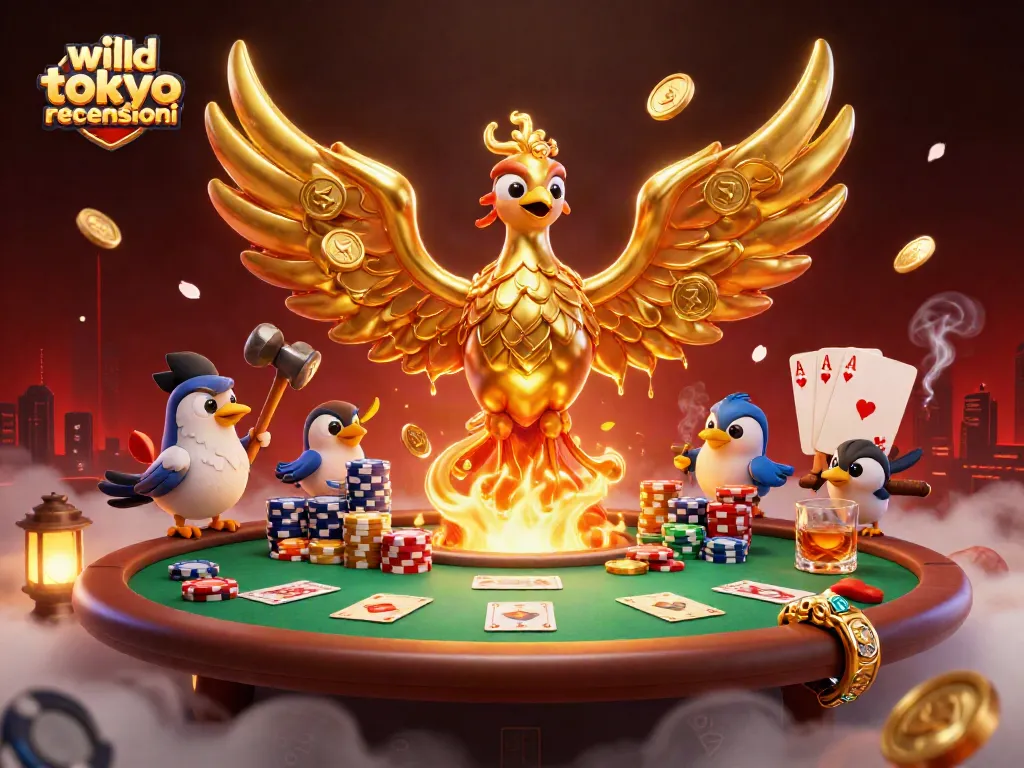 Engage with wild tokyo recensioni through an action-packed casino scene showcasing a phoenix and poker elements.